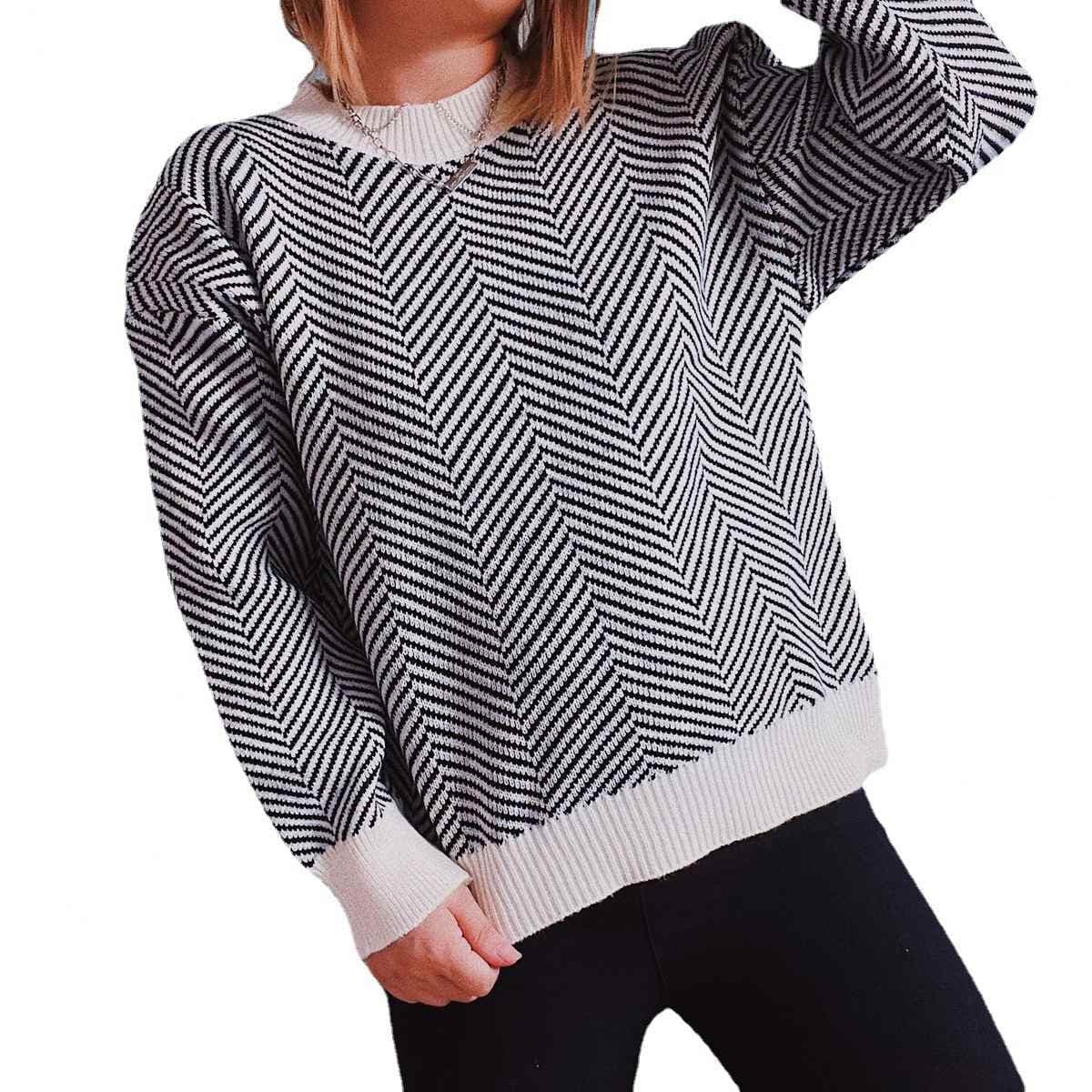 2022 Autumn And Winter New Commuter OL Slim-Fit Diagonal Striped Round Neck Long Sleeve Knitted Sweater Pullover