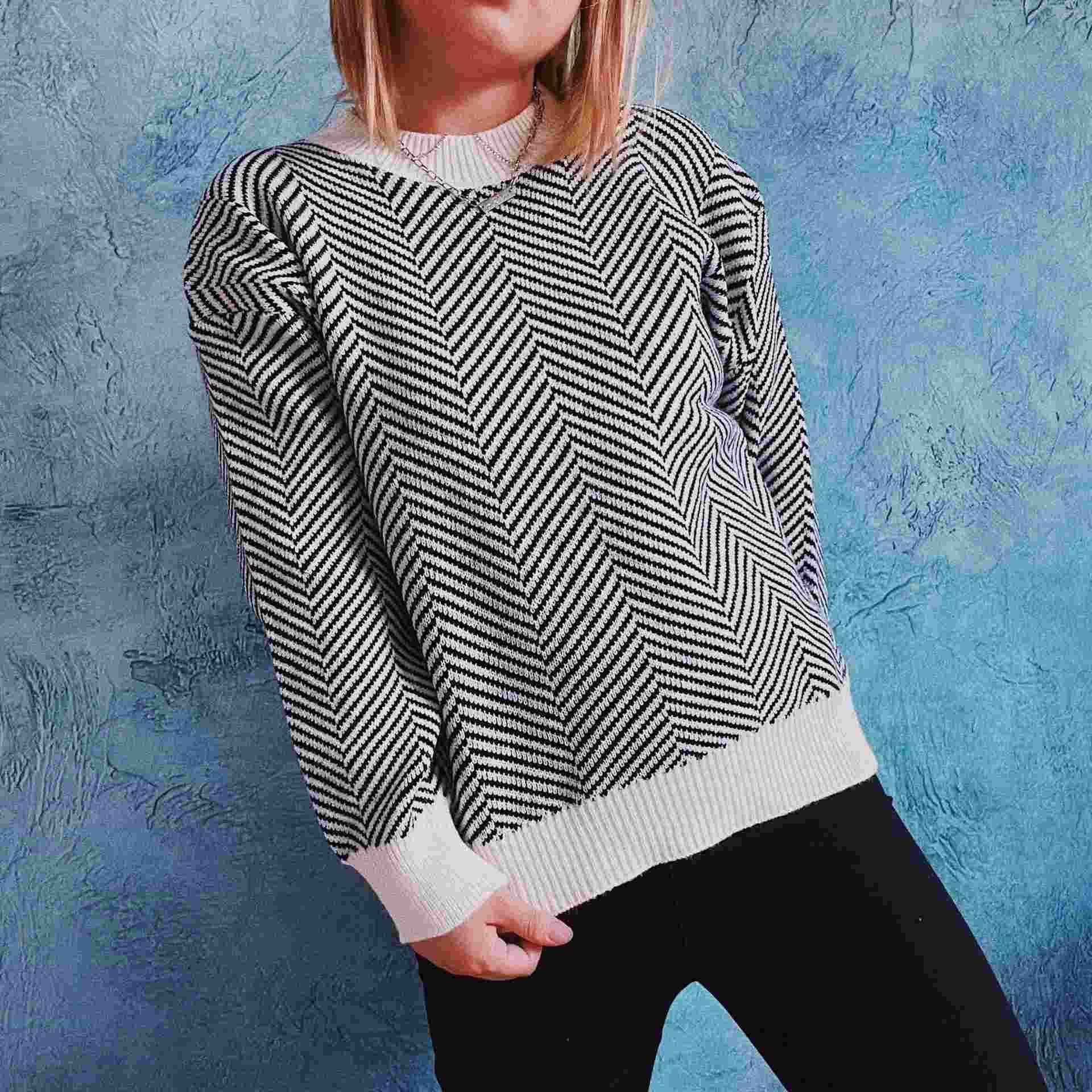 2022 Autumn And Winter New Commuter OL Slim-Fit Diagonal Striped Round Neck Long Sleeve Knitted Sweater Pullover