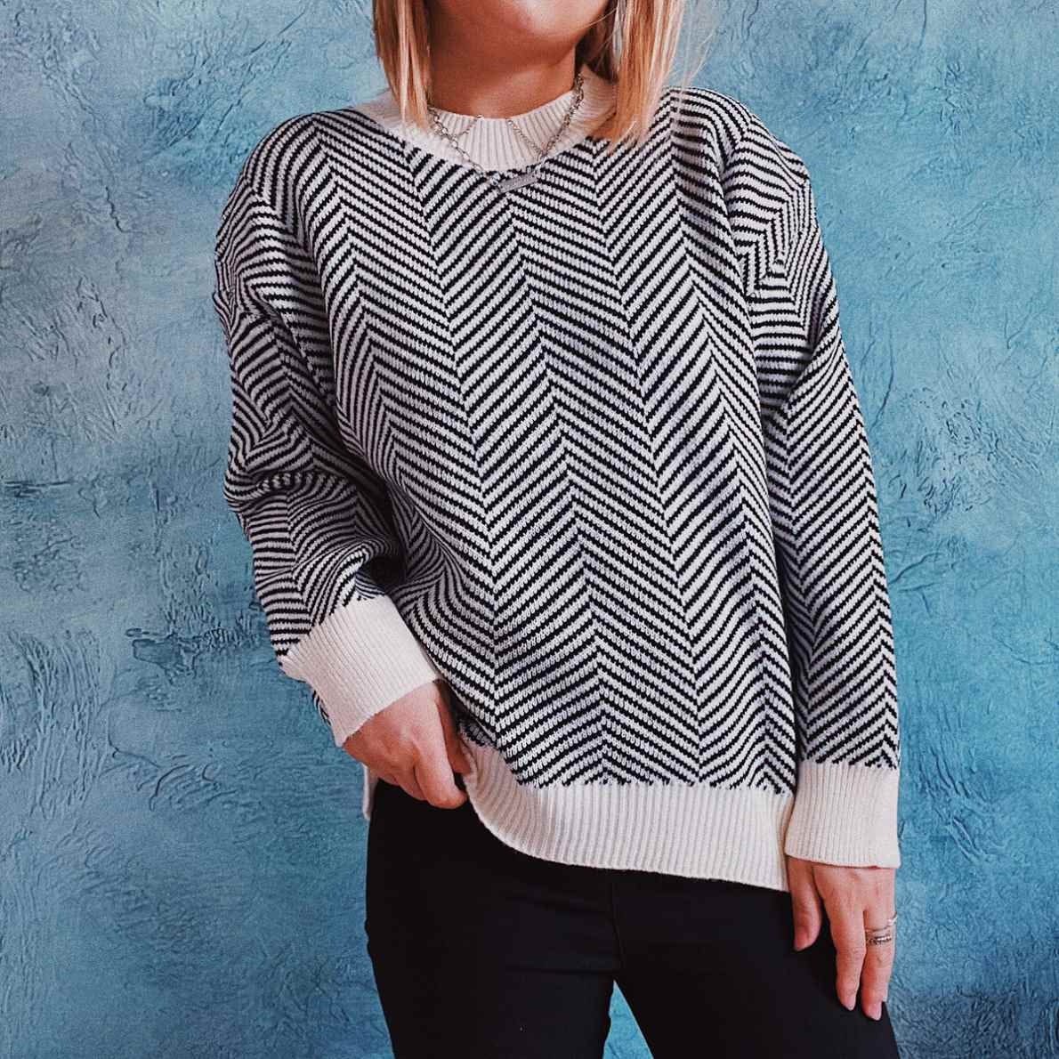 2022 Autumn And Winter New Commuter OL Slim-Fit Diagonal Striped Round Neck Long Sleeve Knitted Sweater Pullover