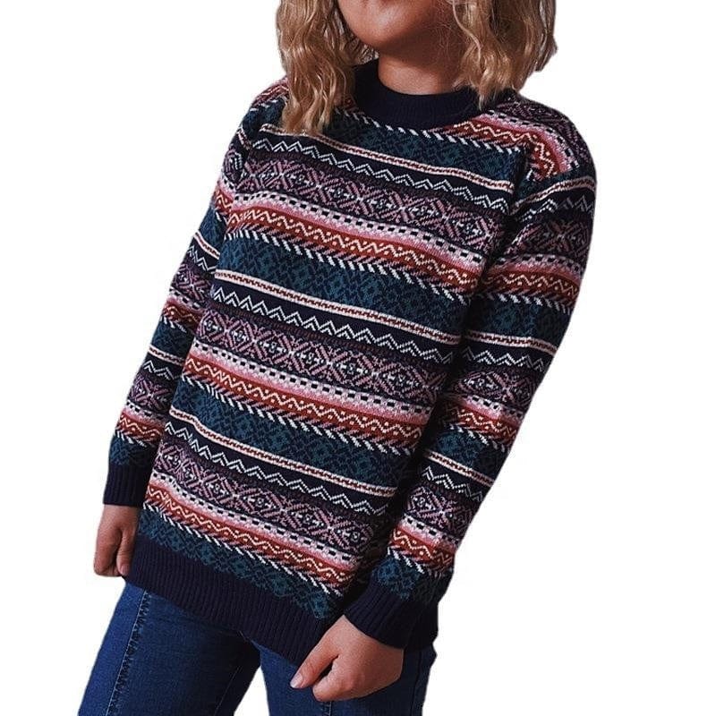 2022 Autumn And Winter New Ethnic Style Vintage Stripe Knitted Round Neck Long Sleeve Pullover Sweater For Women