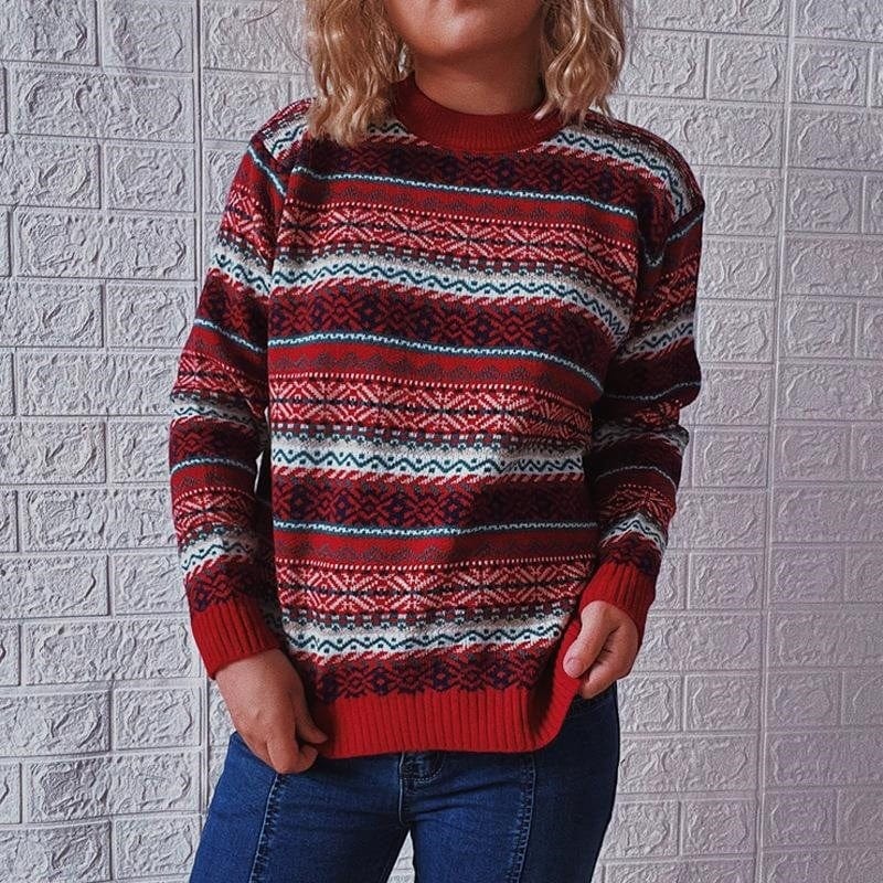 2022 Autumn And Winter New Ethnic Style Vintage Stripe Knitted Round Neck Long Sleeve Pullover Sweater For Women
