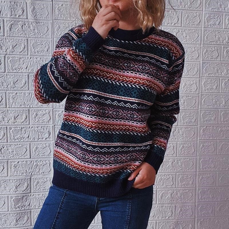2022 Autumn And Winter New Ethnic Style Vintage Stripe Knitted Round Neck Long Sleeve Pullover Sweater For Women