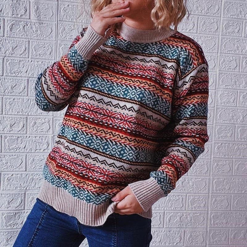 2022 Autumn And Winter New Ethnic Style Vintage Stripe Knitted Round Neck Long Sleeve Pullover Sweater For Women
