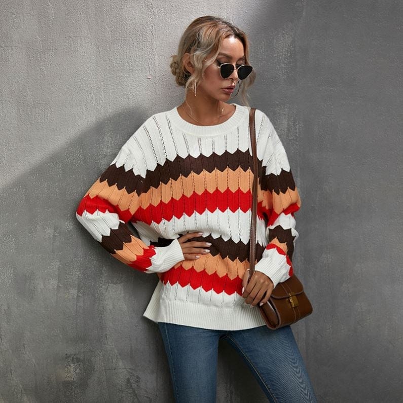 2022 Autumn And Winter New Women's Clothing Color Matching Sweater Wave Striped Pullover
