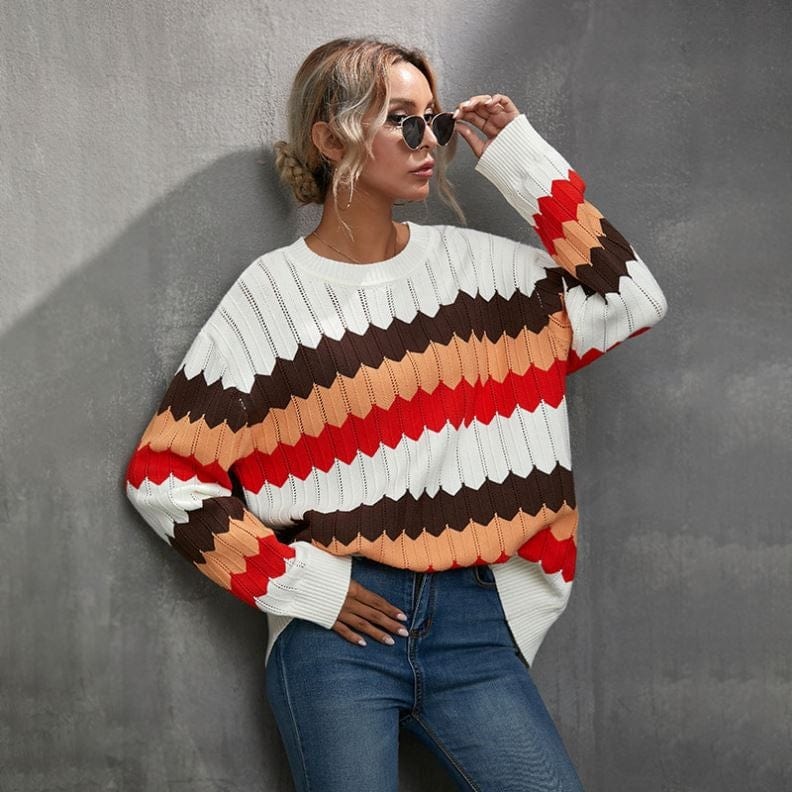 2022 Autumn And Winter New Women's Clothing Color Matching Sweater Wave Striped Pullover