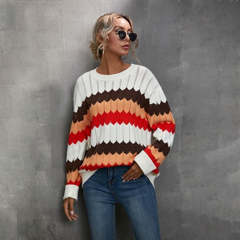 2022 Autumn And Winter New Women's Clothing Color Matching Sweater Wave Striped Pullover