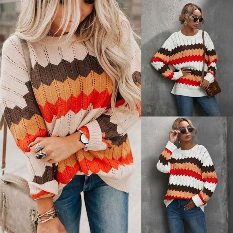2022 Autumn And Winter New Women's Clothing Color Matching Sweater Wave Striped Pullover