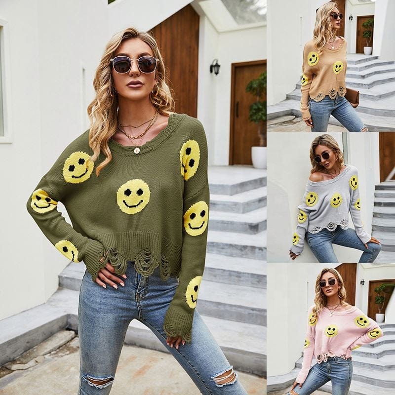 2022 Autumn And Winter New Women's Ripped Pullover Knitted Sweater Cute Smiling Face Loose Long Sleeve V-Neck