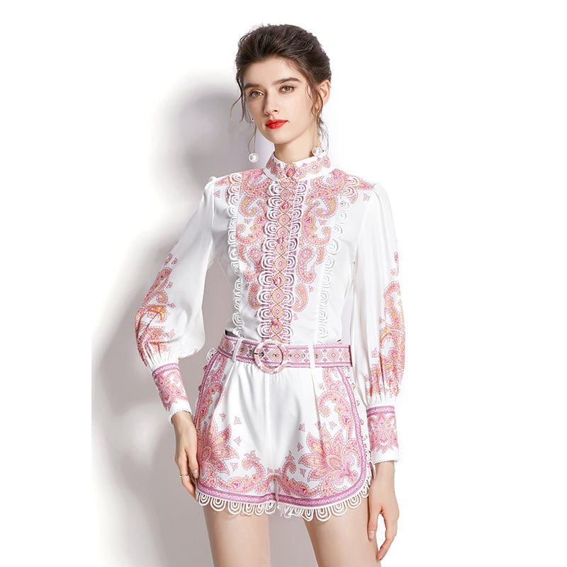 2022 autumn heavy industry lace handmade buckle retro printing stand collar suit XY6927095