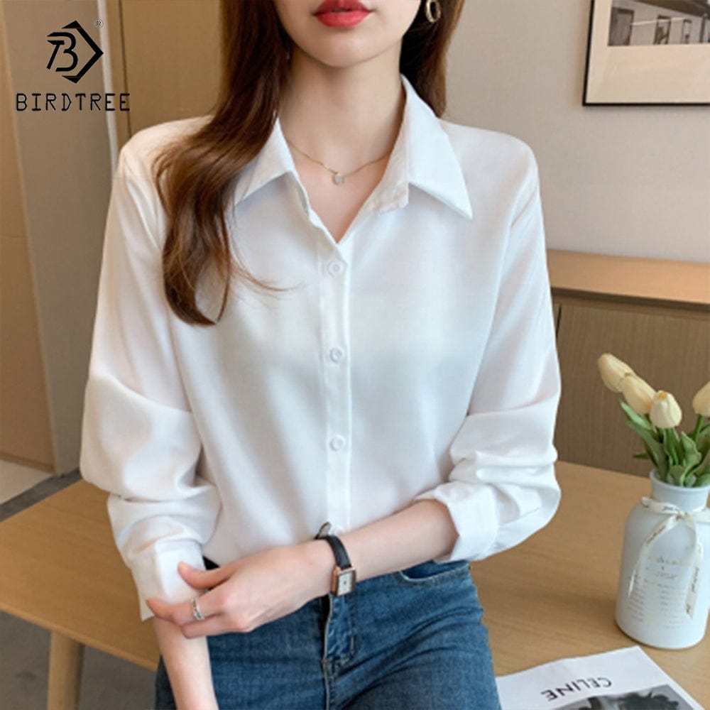 2022 Autumn New Korean Retro Simple Shirt Ladies Solid Color Thin Long-Sleeved Basic Turn Down Collar Shirt For Women T28815X