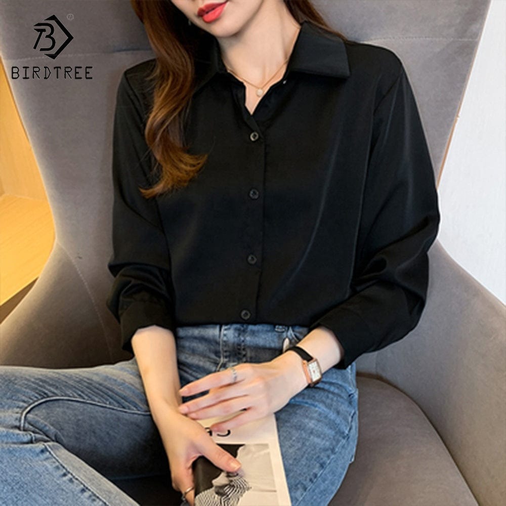 2022 Autumn New Korean Retro Simple Shirt Ladies Solid Color Thin Long-Sleeved Basic Turn Down Collar Shirt For Women T28815X