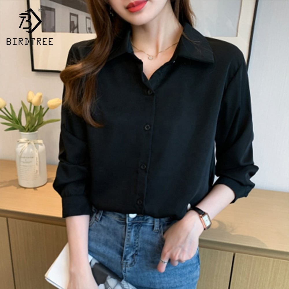 2022 Autumn New Korean Retro Simple Shirt Ladies Solid Color Thin Long-Sleeved Basic Turn Down Collar Shirt For Women T28815X