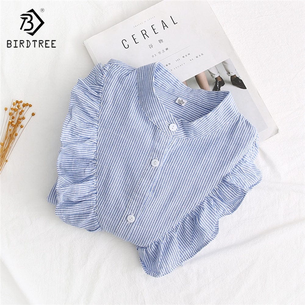 2022 Autumn New Women Vintage Stand Collar Cotton Shirt Ruffles Full Sleeve Loose Blouse Casual Office Wear Spring Basic T28612X