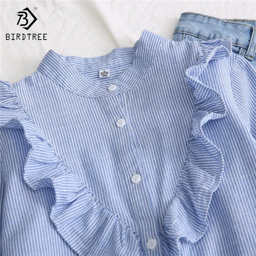 2022 Autumn New Women Vintage Stand Collar Cotton Shirt Ruffles Full Sleeve Loose Blouse Casual Office Wear Spring Basic T28612X