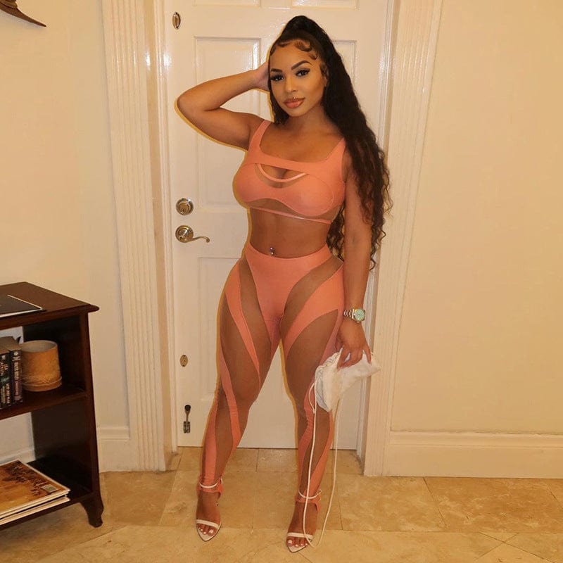 2022 Bandage Mesh Cut Out Crop Top Mesh Patchwork Two Pieces Set Party Club Stretchy Outfit women sweatsuit set tracksuit