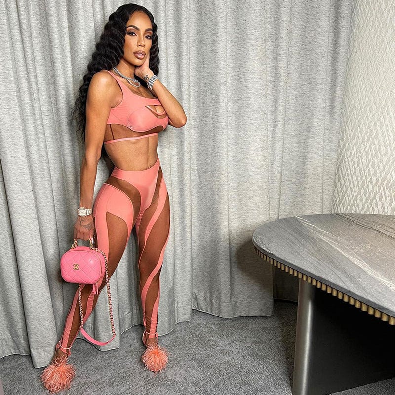 2022 Bandage Mesh Cut Out Crop Top Mesh Patchwork Two Pieces Set Party Club Stretchy Outfit women sweatsuit set tracksuit