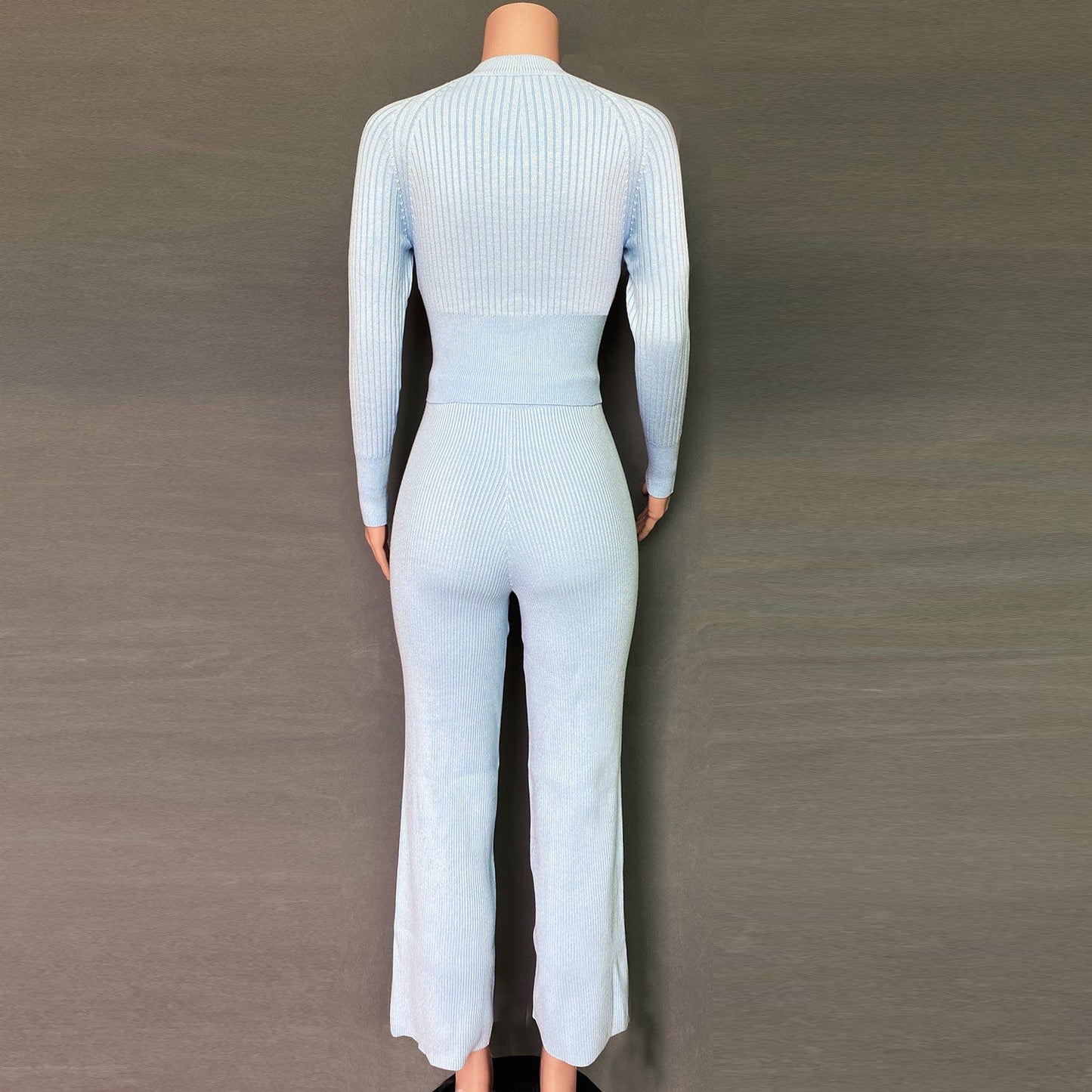 2022 casual fashion women's solid color cardigan long-sleeved knitted trousers sweater two-piece suit