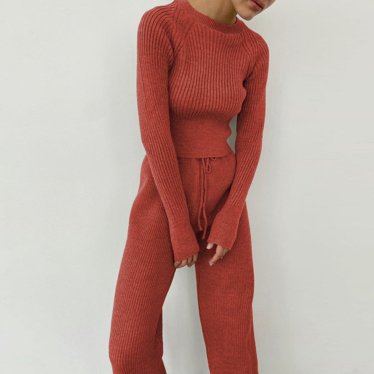 2022 casual fashion women's solid color cardigan long-sleeved knitted trousers sweater two-piece suit