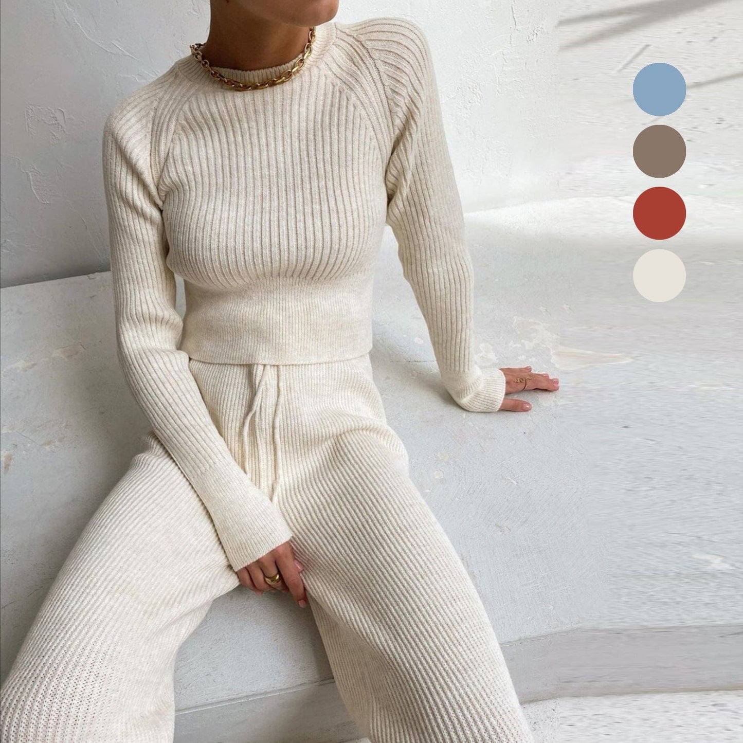 2022 casual fashion women's solid color cardigan long-sleeved knitted trousers sweater two-piece suit