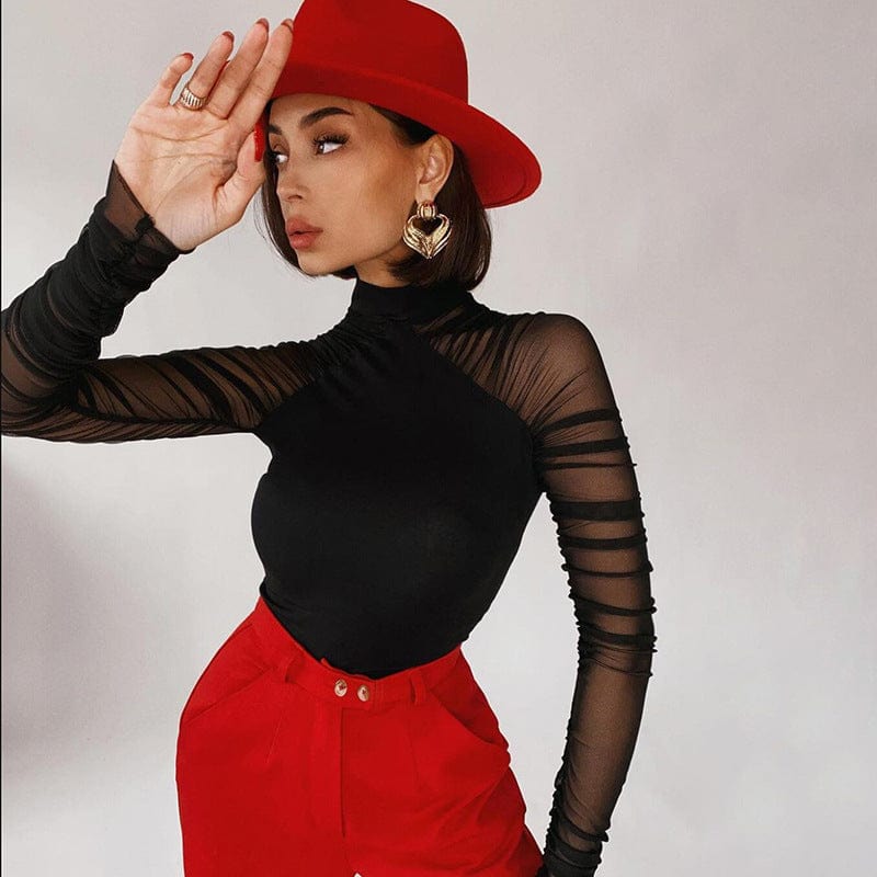 2022 Custom Logo Autumn Perspective Design Sleeves Bodysuit Solid Color Mesh Bodycon Jumpsuit Slim Spliced Rompers For Ladies