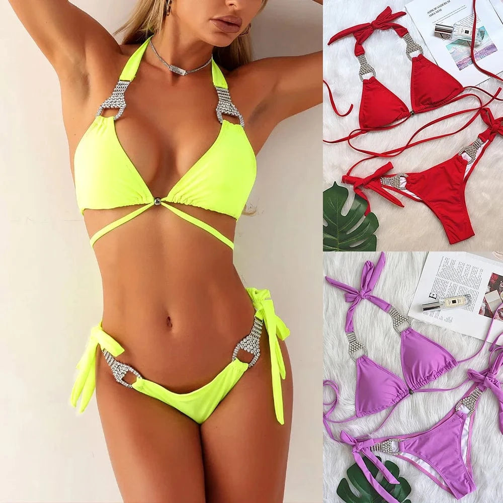 2022 Custom Swimwear Women Sexy Lime Green Luxury Glitter High Waist String Diamond Bikini