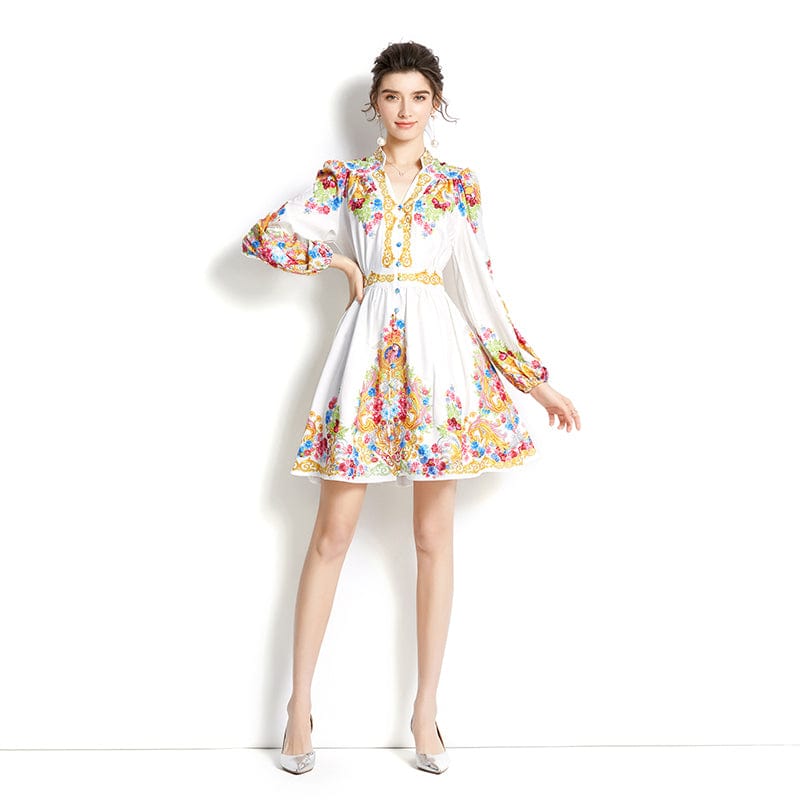 2022 Early Spring V-neck Lantern Sleeve Printed Dress XY1917068