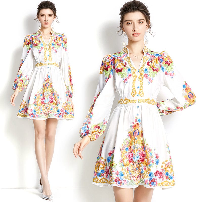 2022 Early Spring V-neck Lantern Sleeve Printed Dress XY1917068