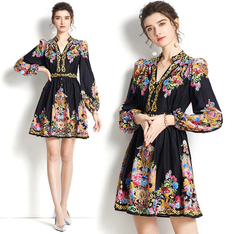 2022 Early Spring V-neck Lantern Sleeve Printed Dress XY1917068