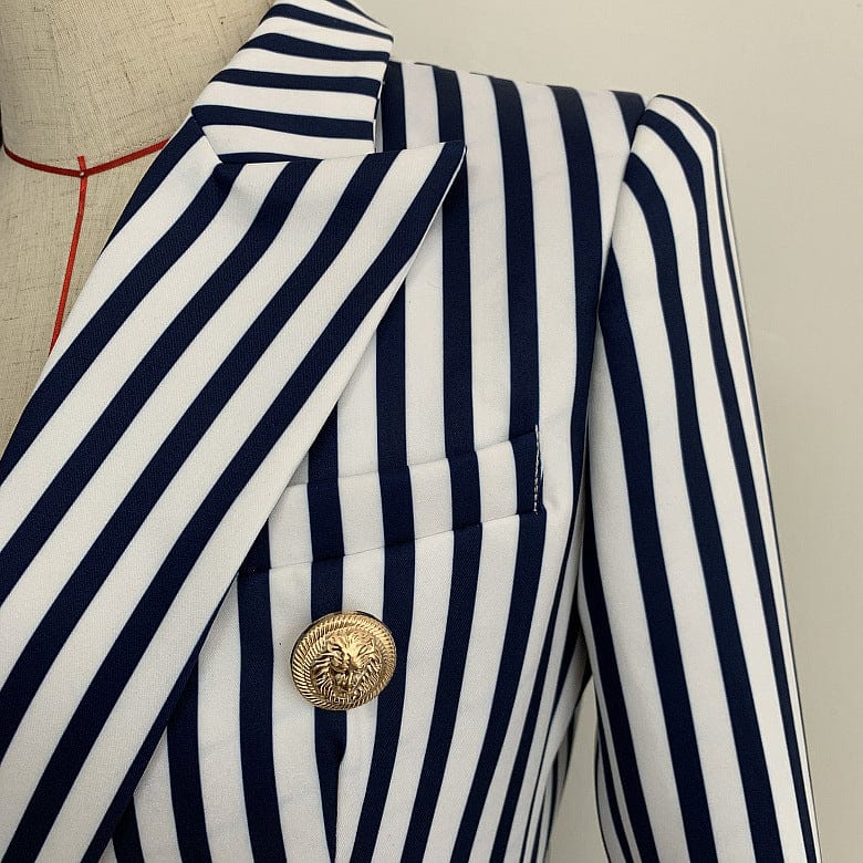 2022 England Ladies fashion golden lion buttons black white stripe jacket office Blazer For Women business formal work clothes
