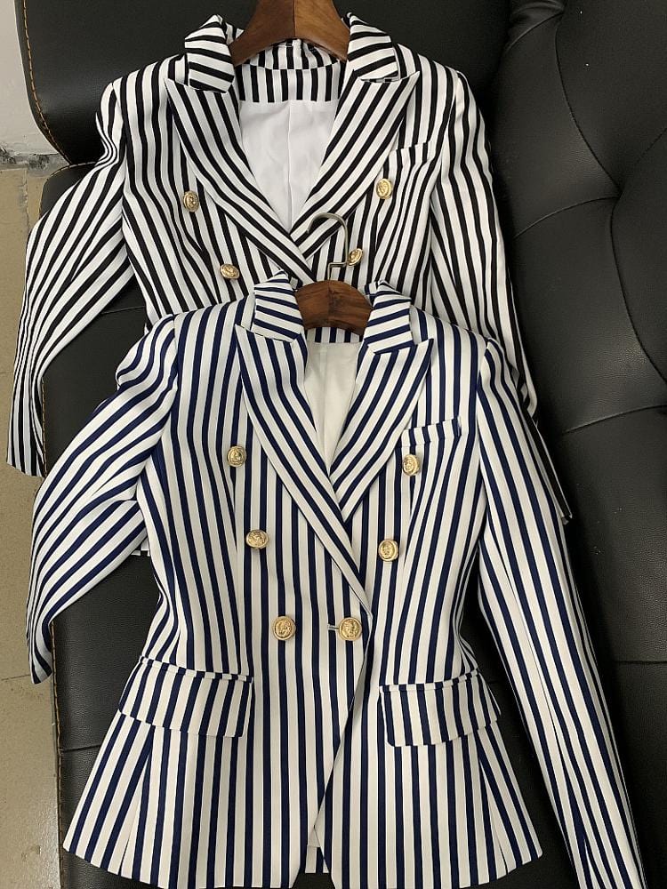 2022 England Ladies fashion golden lion buttons black white stripe jacket office Blazer For Women business formal work clothes