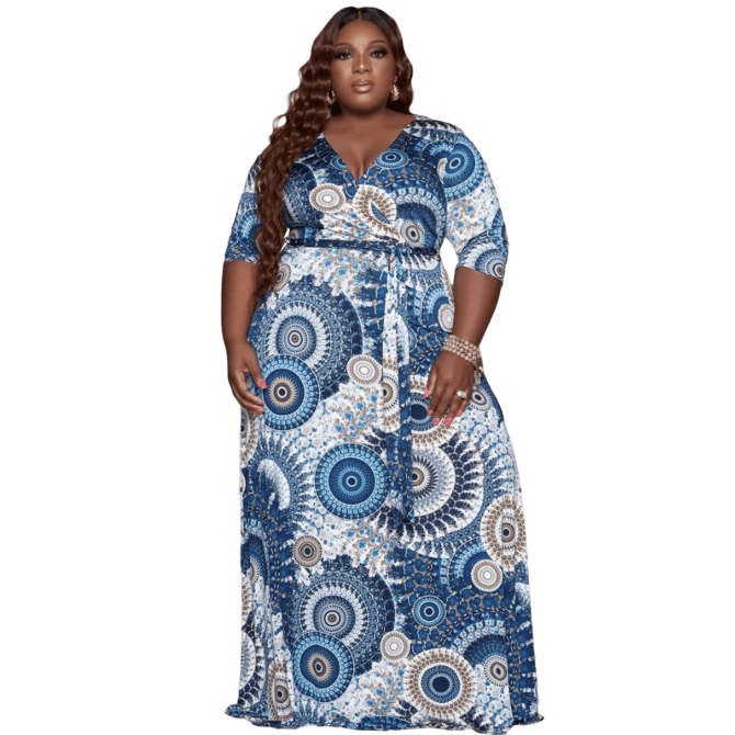 2022 European and American fashion women's printed V-neck large size dress big size dress