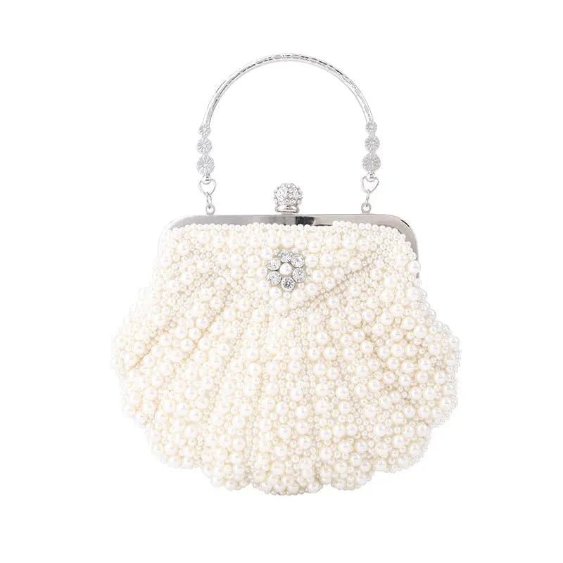 2022 Excellent Shell Shaped Pearl Exquisite Evening Messenger Bag With Silver Metal Handle Fashion Evening Clutch Beaded  Bag