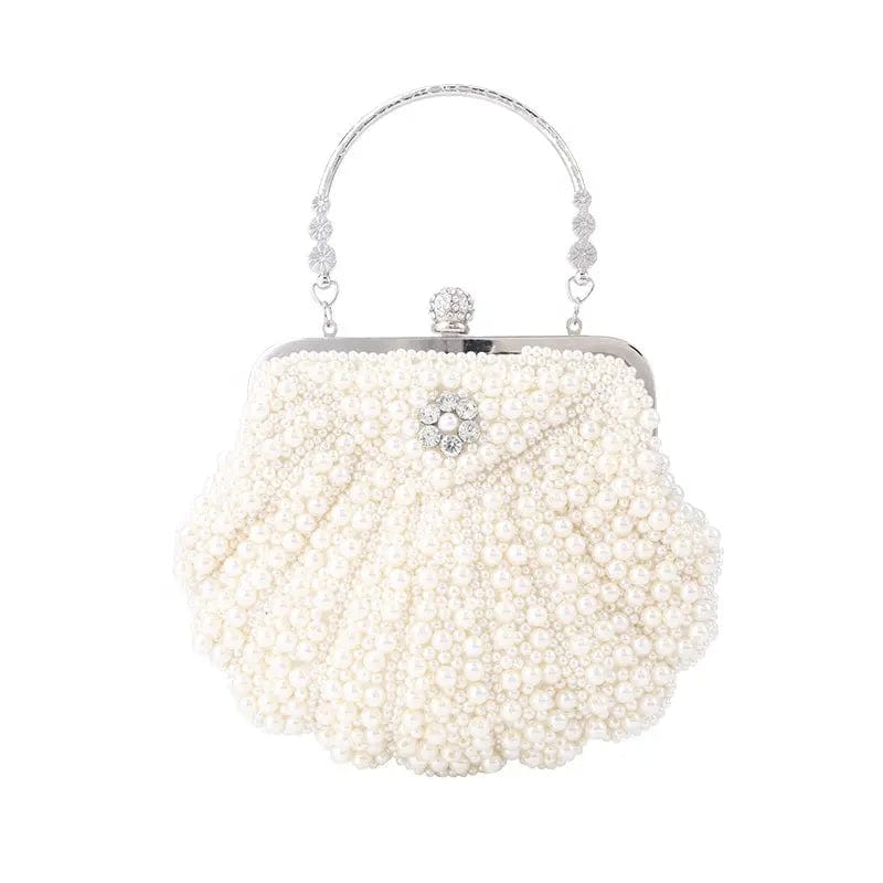 2022 Excellent Shell Shaped Pearl Exquisite Evening Messenger Bag With Silver Metal Handle Fashion Evening Clutch Beaded  Bag