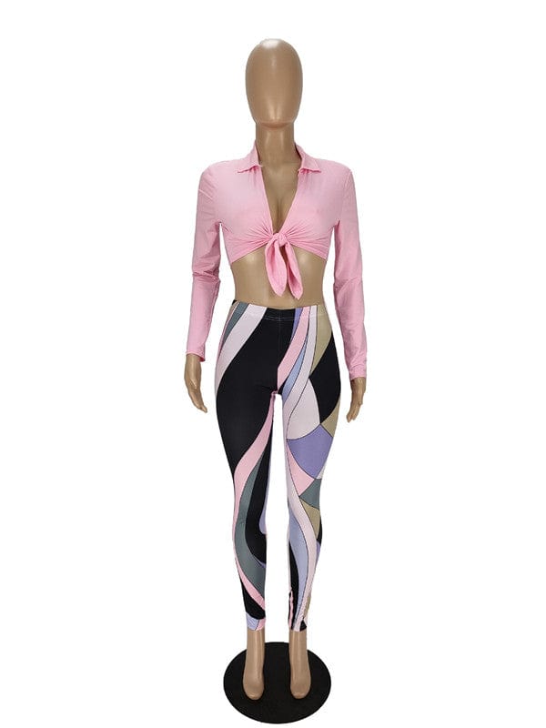 2022 Fall long sleeve crop top two piece pants set fashion printed women leggings and top set