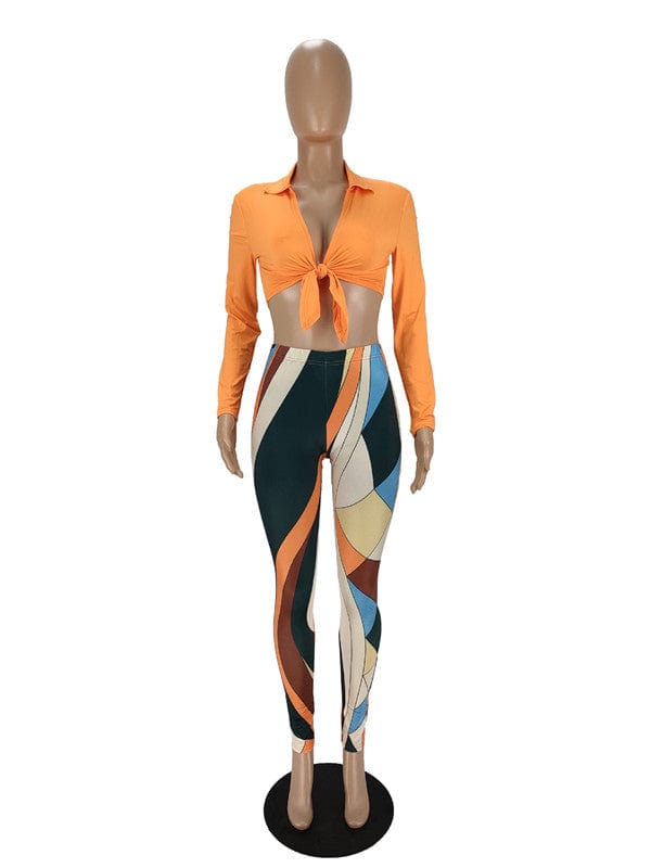 2022 Fall long sleeve crop top two piece pants set fashion printed women leggings and top set