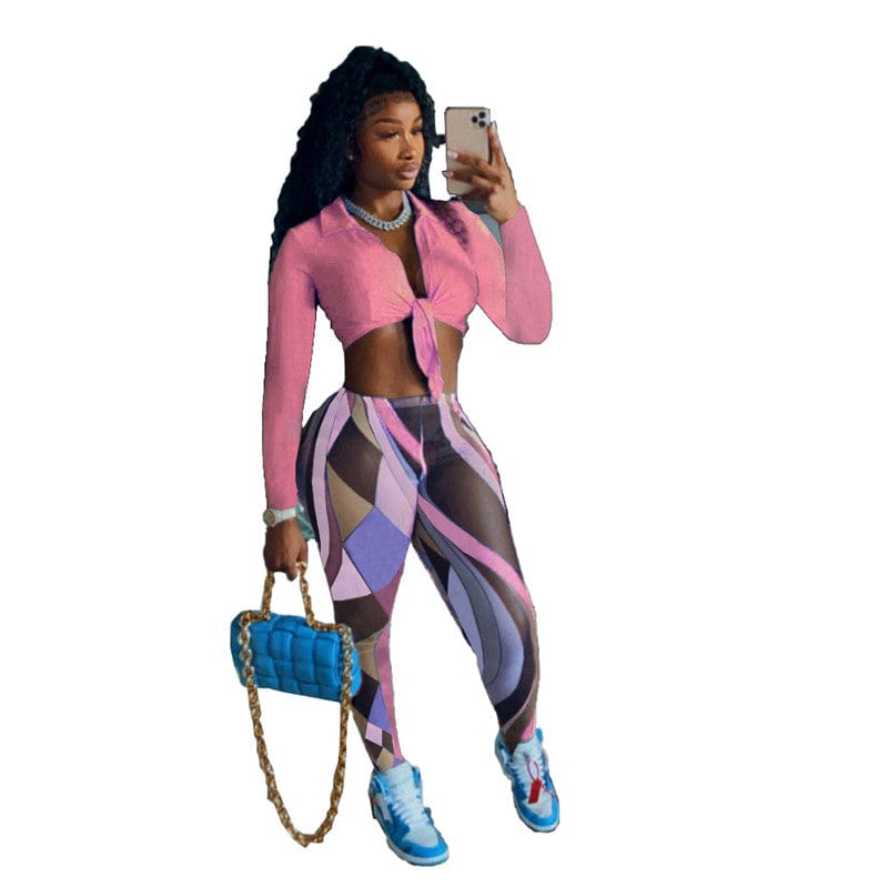 2022 Fall long sleeve crop top two piece pants set fashion printed women leggings and top set
