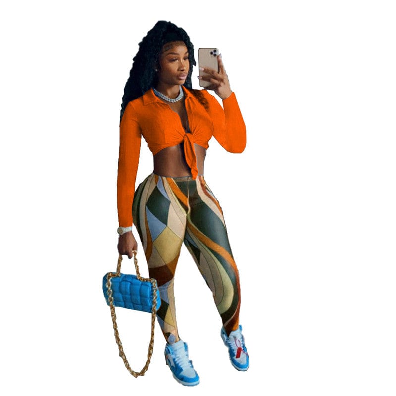 2022 Fall long sleeve crop top two piece pants set fashion printed women leggings and top set
