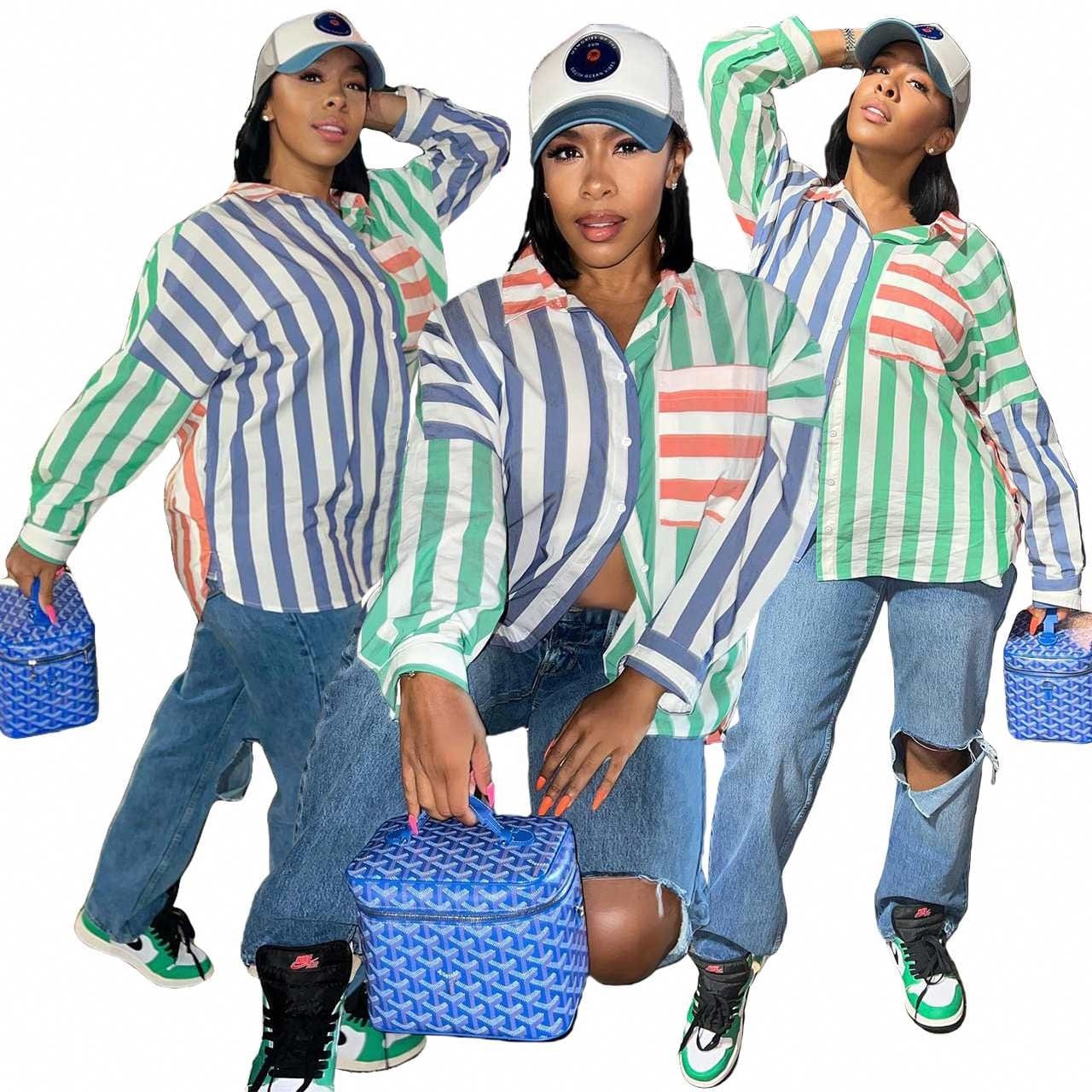 2022 fall new arrival striped casual boyfriend style shirts plus size women's blouses