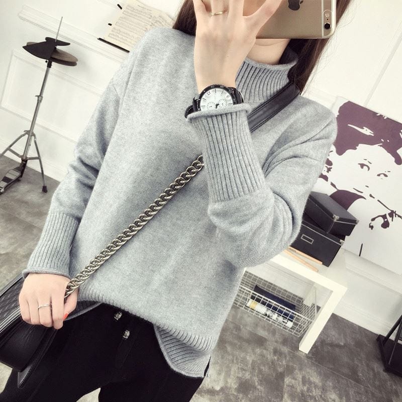 2022 Fall Winter New Half High Neck Pullover Sweater Female Korean Version Loose Wild Pure Color Knit Base Shirt