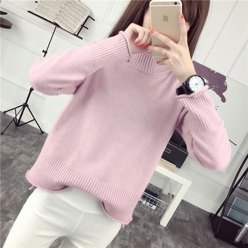 2022 Fall Winter New Half High Neck Pullover Sweater Female Korean Version Loose Wild Pure Color Knit Base Shirt