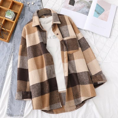 2022 Fall Winter Thick Woolen Long Sleeved Shirt Women Loose Casual Loose Single Breasted Top Plaid Brushed Jacket Shirt T18612Y