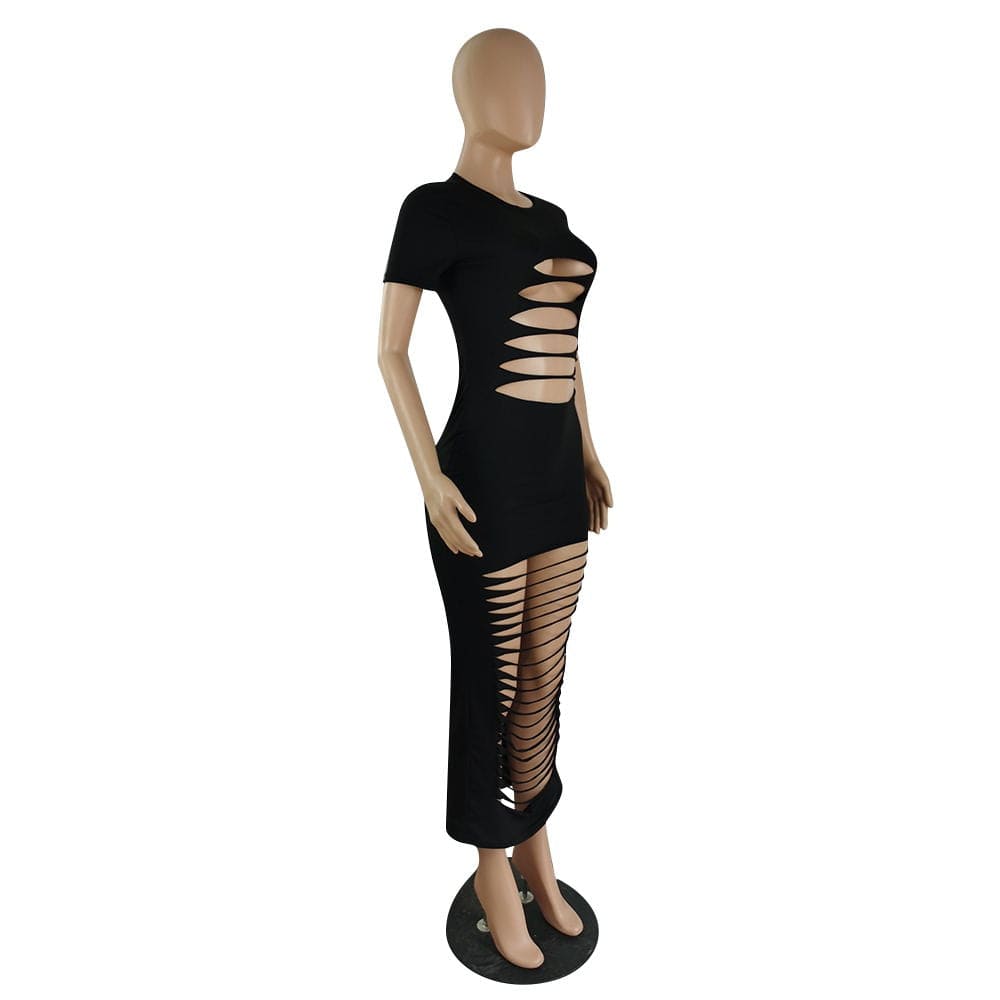 2022 Fashion Casual Hollow Sexy Burnt Flower Sexy Round Neck Hollow Long Dress