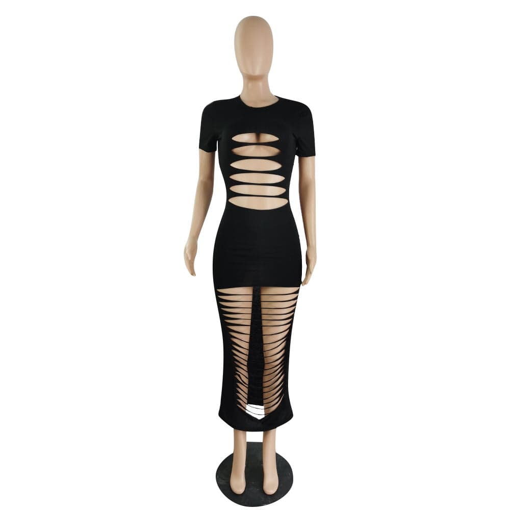 2022 Fashion Casual Hollow Sexy Burnt Flower Sexy Round Neck Hollow Long Dress