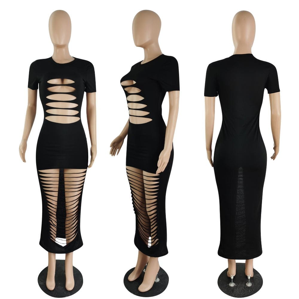 2022 Fashion Casual Hollow Sexy Burnt Flower Sexy Round Neck Hollow Long Dress