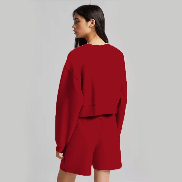 2022 Fashion Female Jogger Shorts And Long Sleeve Round Neck Sweatshirt Solid Color Sets Women's Two Piece Crop Top Shorts Set