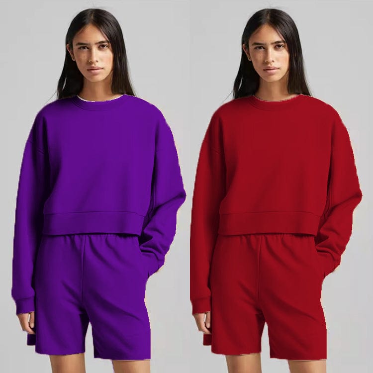 2022 Fashion Female Jogger Shorts And Long Sleeve Round Neck Sweatshirt Solid Color Sets Women's Two Piece Crop Top Shorts Set