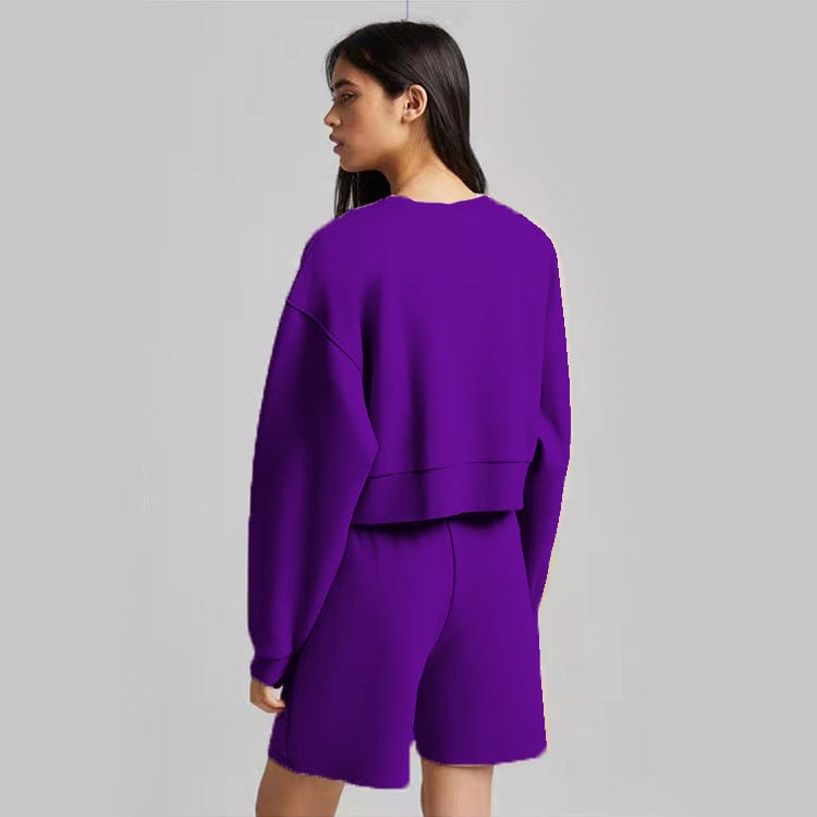 2022 Fashion Female Jogger Shorts And Long Sleeve Round Neck Sweatshirt Solid Color Sets Women's Two Piece Crop Top Shorts Set