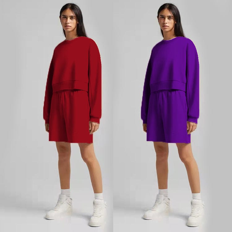 2022 Fashion Female Jogger Shorts And Long Sleeve Round Neck Sweatshirt Solid Color Sets Women's Two Piece Crop Top Shorts Set