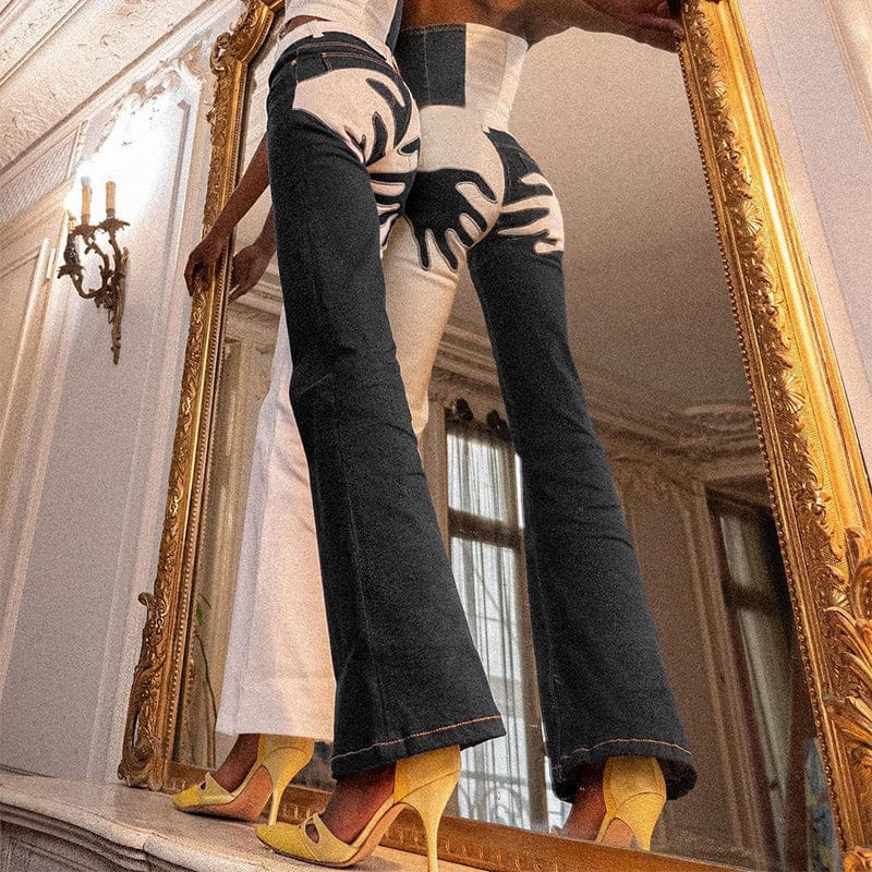 2022 Fashion Handprint Girls Jeans Women'S Fall Jeans Button Stretch Trouser Flare Bottom Contrast Patchwork Women's Jeans