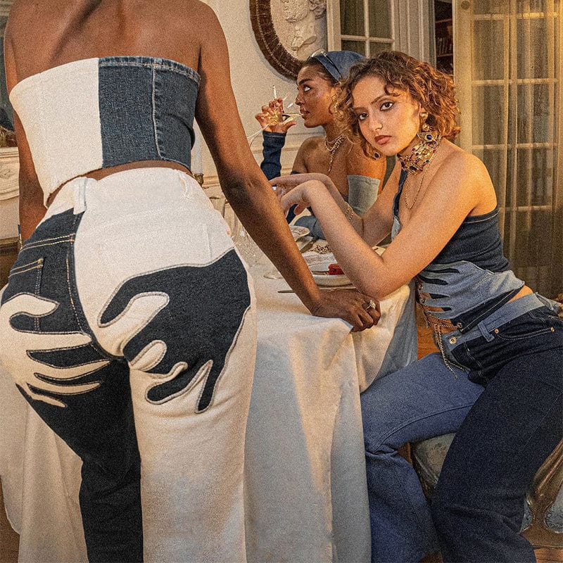 2022 Fashion Handprint  Girls Jeans Women'S Fall Jeans Button Stretch Trouser Flare Bottom Contrast Patchwork Women's Jeans